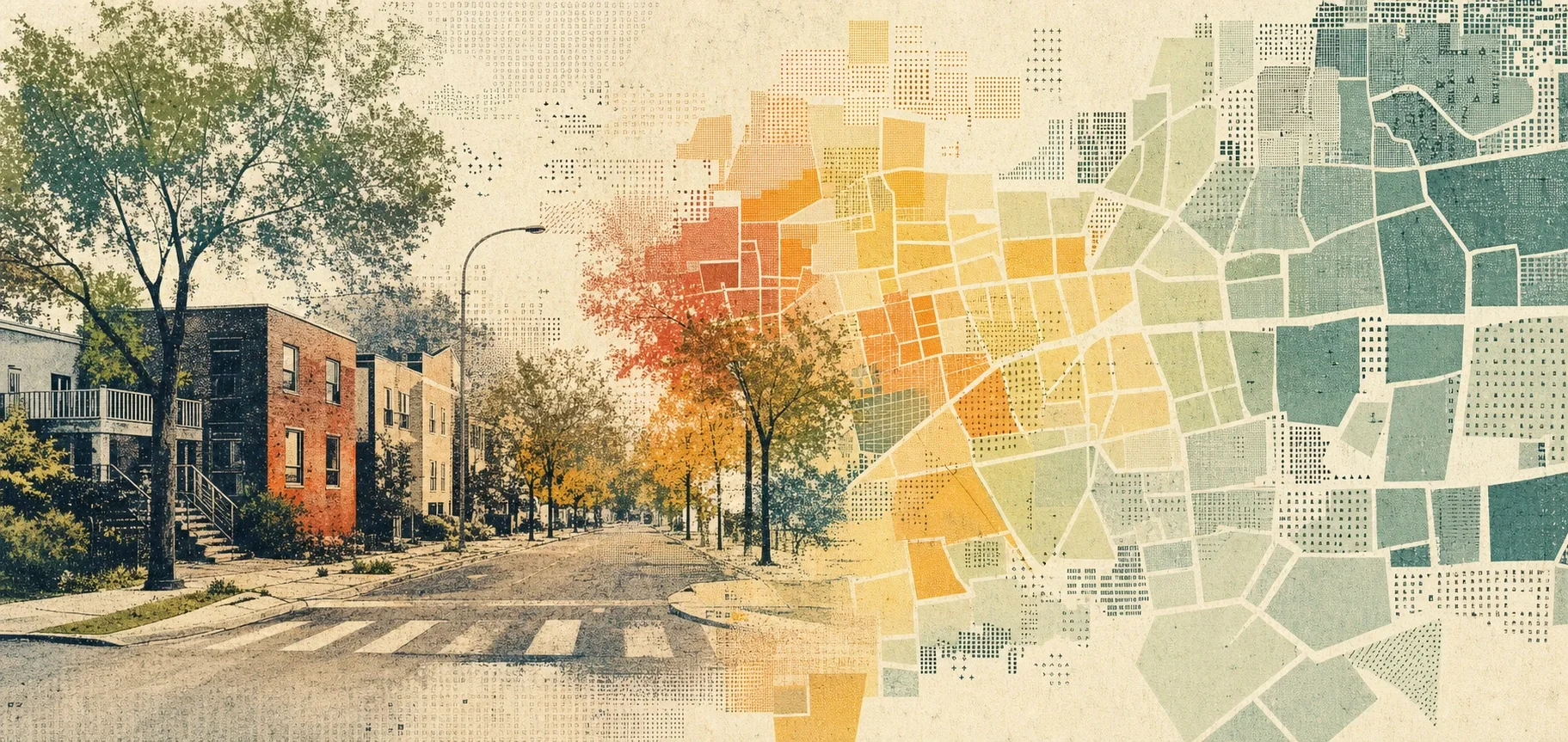 An illustrated neighbourhood street dissolving into coloured map blocks.